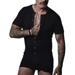 Muscle Alive Mens Short Sleeve Onesie Henley Jumpsuit Stretchy Cotton Ramper Black M