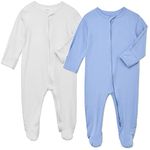 Aablexema Baby Footie Pajamas Zipper - Rayon from Bamboo Infant Footed Pjs with Mittens Sleepwear Jammies, White and Blue, Newborn