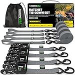 Rhino USA Ratchet Tie Down Straps (Set of 4) - 2000kg Max Break Strength, 4cm x 2.4m Heavy Duty Tie Downs with Hooks (4pcs) - Strap for Furniture Moving & Securing Cargo - Grey