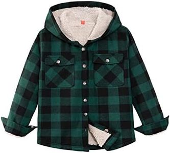 ZENTHACE Kids Boys Hooded Flannel Plaid Shirts Sherpa Fleece Lined Button Down Flannel Jacket Buffalo Green S Size 5-6
