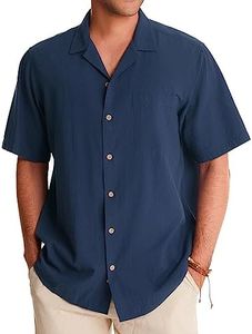 Alimens & Gentle Mens Linen Shirts Short Sleeve Button Down Shirts Cotton Summer Beach Cuban Shirts Vacation Hawaiian Shirts, Navy Blue, XX-Large