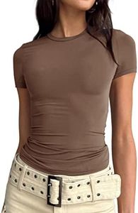 LACOZY Women Short Sleeve Tight Tee Shirt Slim Fit Round Neck Basic Solid Color Skinny Workout Going Out Tops Coffee M