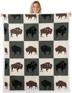 Feelyou Buffalo Fleece Throw Blanket Twin 60"x80" Wild American Bison Sherpa for Bed Sofa Couch Kids Wild Animal Rustic Lodge Cabin Farmhouse Plush Green Plaid Fuzzy Blanket Room Decor