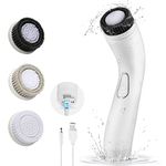 KINGDO Electric Facial Cleansing Brush, Face Spin Brush for Deep Cleansing, USB Rechargeable Face Exfoliator Scrubber for Men & Women, IPX7 Waterproof Face Cleanser Brush with 3 Brush Heads, White