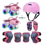 jaspo Marshall Illumi Premium Skating Kit Adjustable Quad Roller Skates For Kids 8-14 Years With Led Pu Wheels And Superior Protective Gear Combo, (Pinkroller Skating)