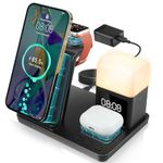 AURTEC 6 in 1 Wireless Charging Station with Alarm Clock, Night Light, Compatible with iPhone 15/14/13/12/11/Pro/Pro Max/Mini/XS/XR/X/8/Plus, Apple Watch 9/8/7/6/5/SE, AirPods Pro/3/2/1,15W Adapter