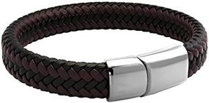 555Jewelry Stainless Steel Magnetic Clasp Braided Brown & Black Leather Bracelet for Men, 9 inches, Stainless Steel, no gemstone