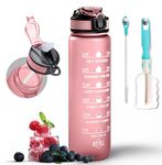 K-MART Water Bottle 1000ml Sports Water Bottle with Motivational Time Marker & Straw, Dishwasher Safe Leak-proof Drink Bottle BPA Free Non-Toxic Tritan Material 1 Click Open for Running Gym (Pink)