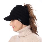 Jazmiu Women's BeanieTail Warm Knit Hat Messy High Bun Ponytail Visor Beanie Cap (A-Black)