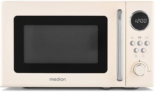MEDION Micro-ondes rétro (20 litres, env. 800 watts, 5 niveaux de micro-ondes, 8 programmes automatiques, affichage numérique, fonction décongélation, compact, MD15000) beige