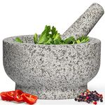 Heavy Duty Natural Granite Extra Large Mortar and Pestle Set, Hand Carved, Make Fresh Guacamole at Home, Solid Stone Grinder Bowl, Herb Crusher, Spice Grinder, 7" Wide, 4 Cup, Grey