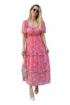 Sheetal Associates Women's Floral Puff Sleeve High Waist A Line Flowy Long Dress (X-Small, Pink)