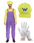 Mens Super Mario Fancy Dress Outfit Villain Plumber Overalls Video Game Character - Costume, Hat With Logo & Short White Gloves (Wario Costume, Hat & Gloves (Yellow))