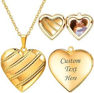 U7 Stripe Heart Locket Necklace that Hold Picture 14K Gold Plated Women Customized Image and Text Engrave Locket Jewelry 20 Inch