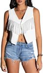 Verdusa Women's Rhinestone Fringe Crop Vest Sleeveless Open Front Cardigan Jacket White Medium