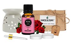 Earth N Pure Diffuser Gift Set | Pack of - 1 Rose Essential Oil Therapeutic Grade - 15ml, 1 Ceramic Aroma Diffuser/Burner, 2 Tealight Candles 1 Glass Dropper | for Home Décor