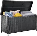 YITAHOME 170 Gallon Wicker Deck Box, Extra Large All-Weather Outdoor Storage Box, Rattan Storage Bin for Patio Furniture, Outdoor Cushions, Pool Storage and Garden Tools, Black