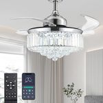 Moooni Dimmable Fandelier Crystal Ceiling Fans with Lights and Remote Modern Invisible Retractable Blades Chandelier Fan LED Ceiling Fan Light Kit for Bedroom -Polished Chrome 36 Inches