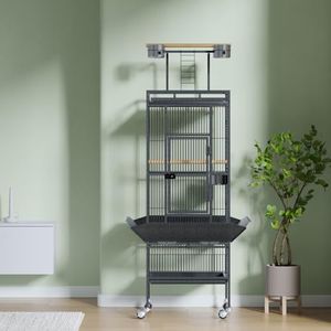 GarveeHome 61 Inch Large Bird Cage, Metal Bird Fight Cage with Play Top, Rolling Stands, Feed Bowls, Wide Tall Parrot Cage for Parakeets, Conures, Cockatiel, Cockatoo (Gray Hammertone)