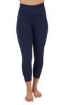 90 Degree By Reflex High Waist Squat Proof Tummy Control Power Flex Yoga Capris with Side Pockets, Dark Navy Interlink W/Curved Yoke, Large