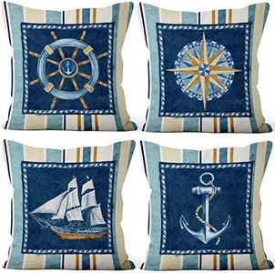 Aoihrraan 41x41cm Juego de 4 Náutico Navegación Fundas De Cojín Ancla Marinero Timón Brújula Velero Barco Impresión Cuadrado Lino Decorativo Funda De Almohada Dormitorio Sala De Estar Exterior Sofá