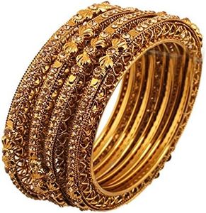 Touchstone "Golden Bangle Collection Ethnic Style Filigree Work Rhinestone Indian Bollywood Designer Jewelry Metal Bangle Bracelets in Antique Gold Tone for Women. Set of 4., S - Circ 7.4 in-Indn Size