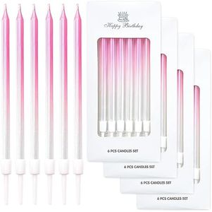 24-Count Gradient Pink Birthday Candles, Long Thin Cake Candles for Wedding, Celebration, Birthday Party Cake Cupcake Decorations