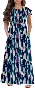 HOSIKA Girls Floral Maxi Dress Boho Ruffle Sleeve Pleated Casual A-line Swing Dresses with Pockets 6-12 Years, Multicolor, 12 Years