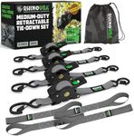 Rhino USA Retractable Ratchet Tie Down Straps (4PK) - 540kg Guaranteed Max Break Strength, Includes (4) Ultimate 2.5 cm x 3 m Autoretract Tie Downs with Padded Handles - Grey