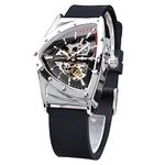 FORSINING Skeleton Watches for Men, Automatic Mechanical Watch with Triangle Dial, Luminous Self Winding Watches Stainless Steel Bracelet or Soft Silicone Strap, Black, Mechanical