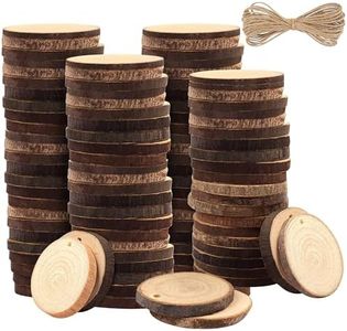 Kurtzy Rodajas de Madera sin Acabado Círculos de Madera Natural (Pack de 100) Madera Rebanadas con Corteza 3-5cm y 5mm de Grosor - Troncos de Madera con Agujero y 20 m de Cordel Manualidades y Decorar