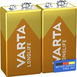 VARTA Longlife 9V Block 6LR61 Alkaline E-Block Batteries (2-pack) - Made in Germany - ideal for fire alarms, smoke detectors, tuners (Packaging/design may vary)