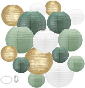 Sage Green Paper Lanterns,16Pack Gold Green White Party Decorations with Tape and String,Hanging for Bridal Shower Decor,Graduation,Wedding,Tropical,Birthday Party Supplies
