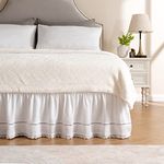 MIYE Wrap Around Ruffled Lace Bed Skirt, Elastic Dust Ruffle with Adjustable Belts, Easy to Put On, Bed Frame Cover, Machine Washable (Floral Lace/White, King/Queen-22 Drop)