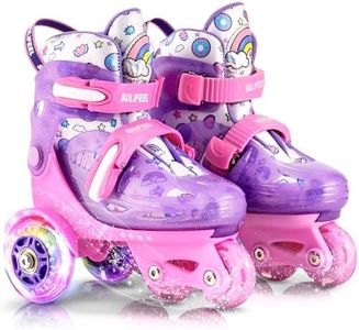 SULIFEEL Adjustable Roller Skates for Girls Boys Kids,Fun Illuminating Light Up Flash Wheels Three-Point Type Balance Suitable for Beginners Indoor Roller Skating Purple & Pink Size X-Small