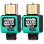 [2 Pack] RESTMO Heavy Duty Water Flow Meter, Pure Brass Inlet | Metal Thread | 4 Measure Modes | Display Gallon/Liter Usage and Flow Rate | Ideal to Track Outdoor Garden Hose Watering