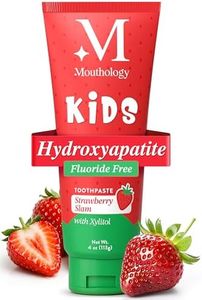 Mouthology Hydroxyapatite Kids Toothpaste Fluoride Free with Xylitol, Non Toxic Fluoride Free Toothpaste for Kids, All Ages (1-3), (3-6) & (6-12) Strawberry, 4oz