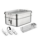 nicelock Stainless Steel Lunch Box Large, 2 Tier (760ml+1200ml) Metal Bento Box Leak-Proof Sandwich Salad Food Storage Container with Adjustable Compartment, Folding Cutlery Set for Adult Women Men