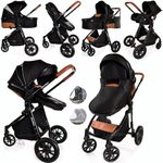 Baby Pram Pushchair Buggy Stroller 3 in 1 Child Lightweight Folding Stroller 3 in 1 Travel System Pram for Newborns Toddlers 0-36 Months from Birth Aluminum (Black - Black Frame)