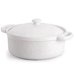 FUN ELEMENTS Casserole Dish, 2 Quart Lace Emboss Casserole Dish with Lid, Oven to Table Ceramic Round Serving Dish with Handles for Dinner and Party(White)