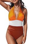 CUPSHE Women Swimsuit One Piece V Neck Halter Backless Ruched Tummy Control Vintage Swimwear Bathing Suit Sunset Orange XS