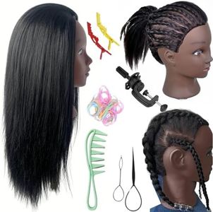 26" Pre-streched Hair Mannequin Head for Braiding, Cosmetology Training Head with Stand, Black Mannequin Head for Kids for Fun or Practice Braids Skills