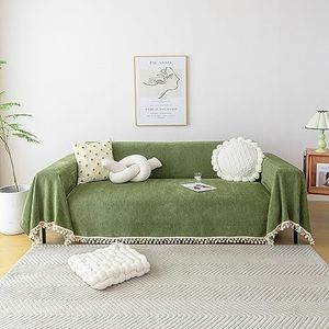 HANDONTIME Green Sofa Cover Vintage Couch Cover for Dogs 71" X118" Couch Cushion Covers with Tassel Herringbone Sofa Cover Boho Sofa Covers for 3 Cushion Couch Chenille Soft Loveseat Sofa Covers