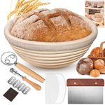 Sourdough Starter Kit 6 PCS, 9" Round Natural Rattan Banneton Proofing Basket Gift Set with Linen Cover – Bread Baking Accessories Includes Plastic Scraper, Dough Cutter, Bread Lame, Dough Whisk