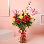 FlowerAura Fresh Live Flower Bouquet of 1 Lily With 20 Red & Yellow Roses In Vase For Birthday Gift, Anniversary Gift, Wedding Gift, Farewell Gift & Gift For Special Occasions (Same Day Delivery)