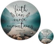 Christian Round Mouse Pad and Coaster Set,Bible Scripture Matthew 17:20 Faith Can Move Mountains Christian Coasters Cup Mats 3.94″for Drinks,Non-Slip Rubber Mousepad 7.9″for Working or Game