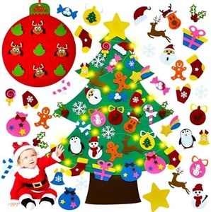 EMPOF Felt Christmas Tree for Toddlers, 3.25ft Felt DIY Tree for Kids Wall with Lights + Tic-Tac-Toe Game + 33 Ornaments, Indoor Christmas Home Decorations Decor, Kids Xmas Activities Presents