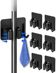 Henrycares 6-Pack Broom Mop Holder, Black Stainless Steel Self Adhesive Broom Holder Mop Holder Wall Mounted with Hook Hanger for Kitchen, Bathroom, Closet, Garden Garage etc