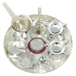 BENGALEN Silver Plated Pooja Thali Set Small 6 Inch Premium Puja Decorative for Diwali Home Mandir Office Wedding Return Gift Items