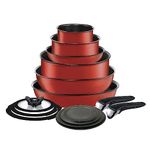 T-fal Ingenio Detachable Handle Cookware Set, Stackable Set. Induction Oven Broiler Safe 500F Cookware, Pots and Pans, Oven, Broil, Dishwasher Safe, 14 Piece Set, Cherry Red